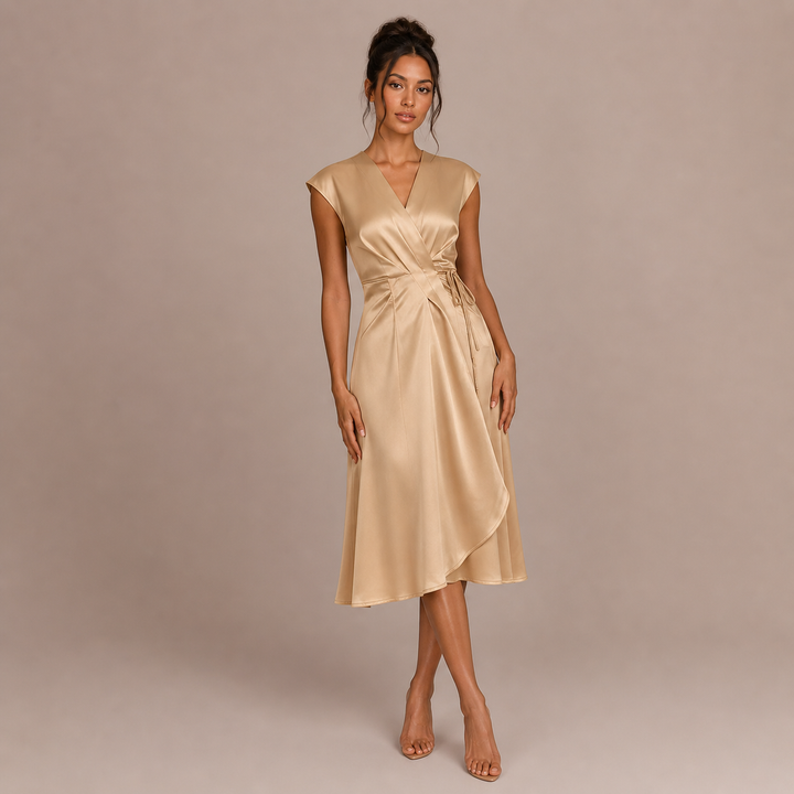 Carmen – vestido midi satinado con escote cruzado y caída fluida