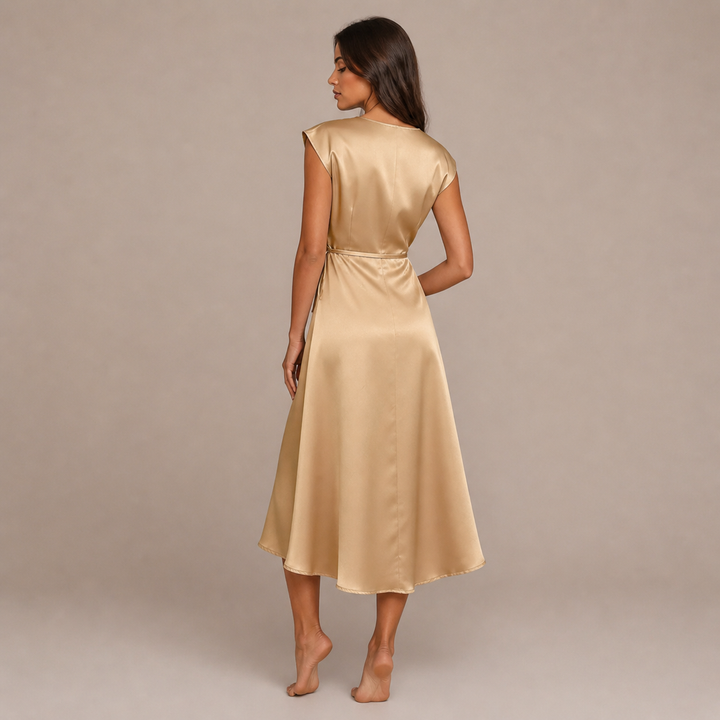 Carmen – vestido midi satinado con escote cruzado y caída fluida