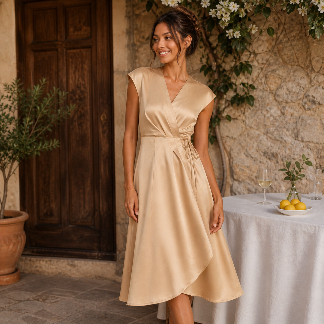 Carmen – vestido midi satinado con escote cruzado y caída fluida