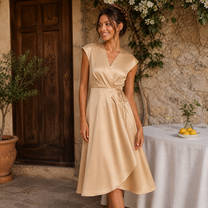 Carmen – vestido midi satinado con escote cruzado y caída fluida