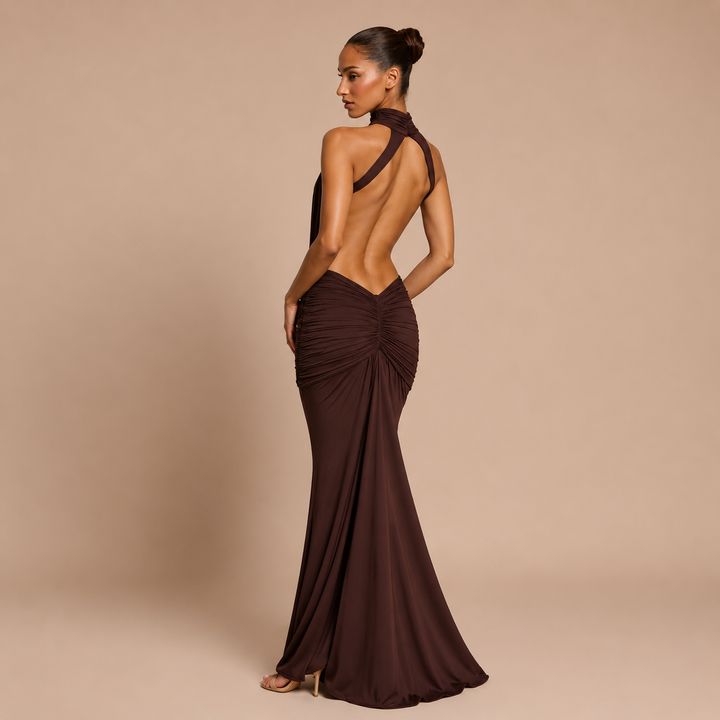 Pilar - Vestido maxi halter cuello alto con cintura descubierta y silueta sirena