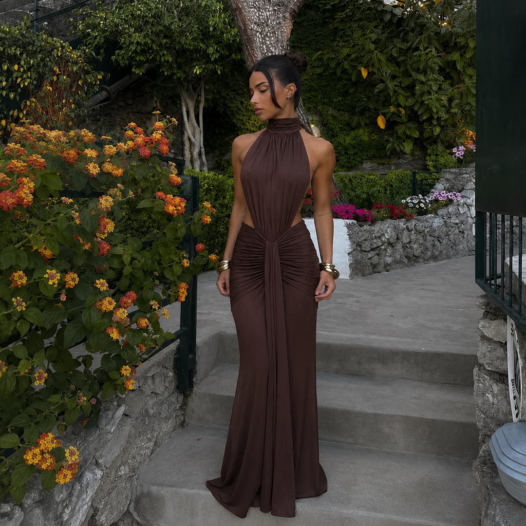 Pilar - Vestido maxi halter cuello alto con cintura descubierta y silueta sirena