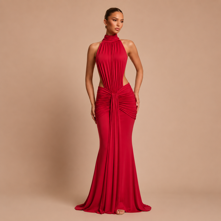 Pilar - Vestido maxi halter cuello alto con cintura descubierta y silueta sirena