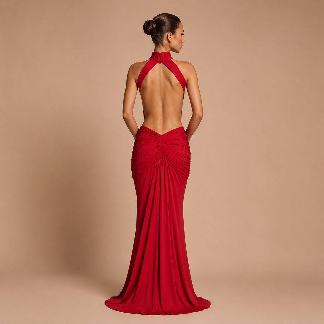 Pilar - Vestido maxi halter cuello alto con cintura descubierta y silueta sirena