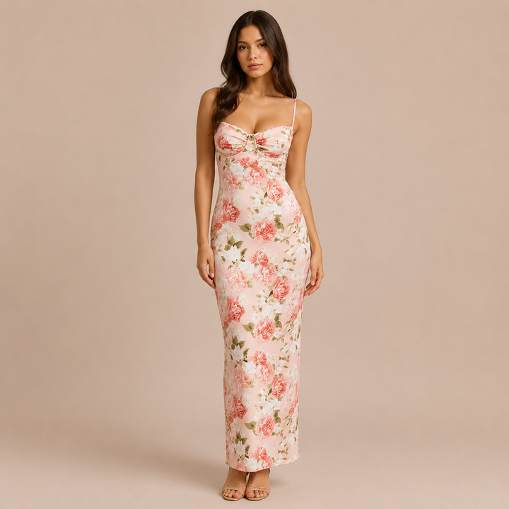 Rosario - Floral maxi dress with thin straps and a fitted silhouette