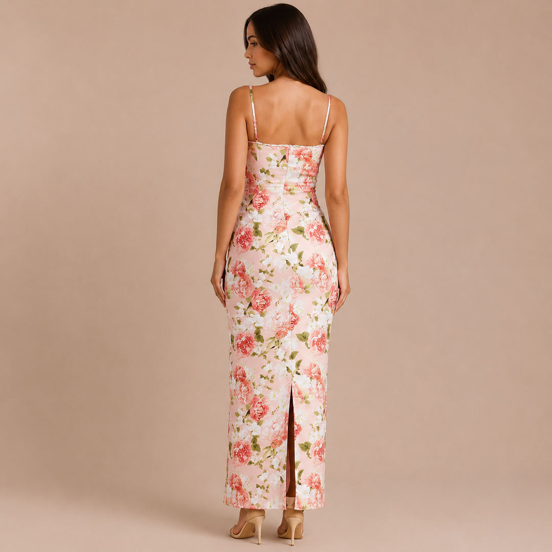 Rosario - Floral maxi dress with thin straps and a fitted silhouette