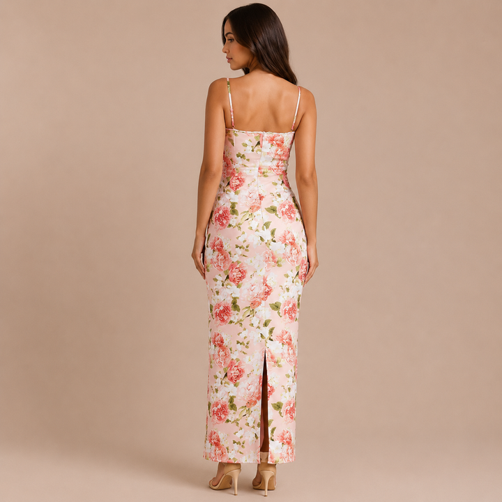 Rosario - Floral maxi dress with thin straps and a fitted silhouette