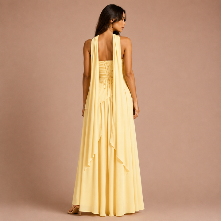 Mía - Vestido largo con abertura alta y detalle fluido al cuello