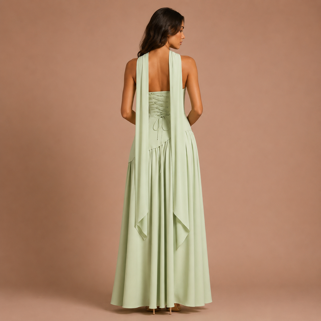 Mía - Vestido largo con abertura alta y detalle fluido al cuello
