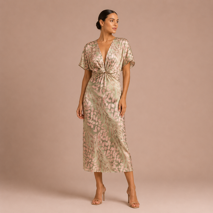 Laura - Vestido midi drapeado con nudo frontal