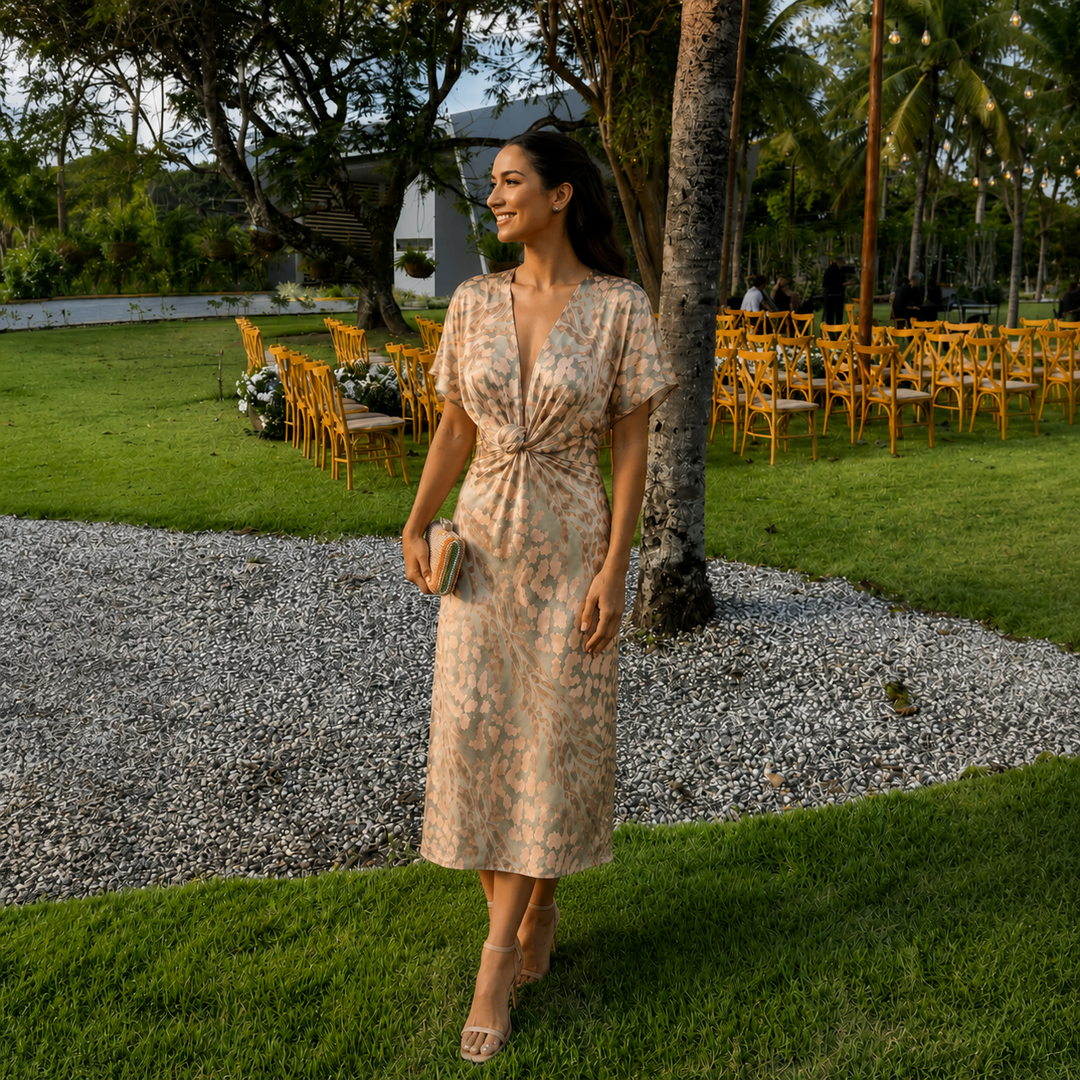 Laura - Vestido midi drapeado con nudo frontal