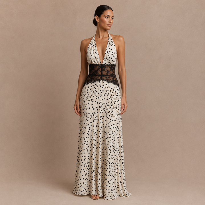 Anita - vestido halter drapeado con cintura de encaje y falda fluida estampada