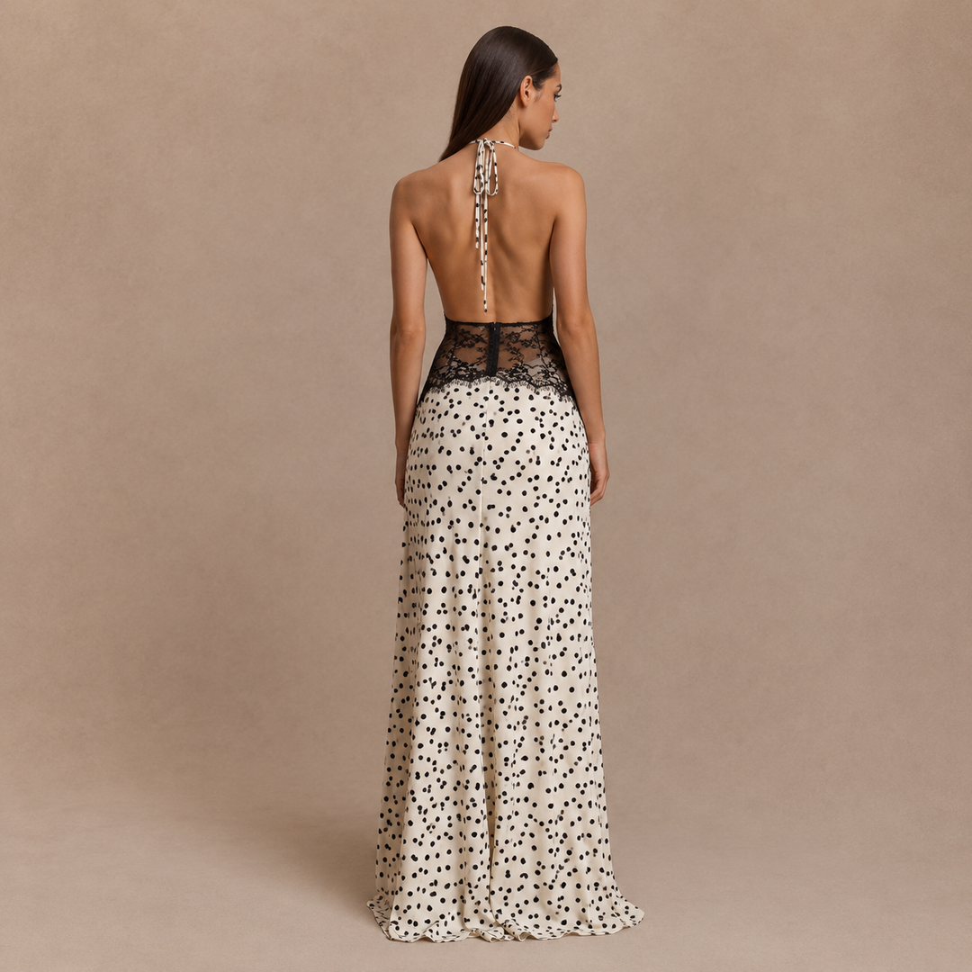 Anita - vestido halter drapeado con cintura de encaje y falda fluida estampada