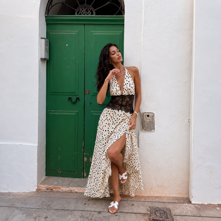 Anita - vestido halter drapeado con cintura de encaje y falda fluida estampada