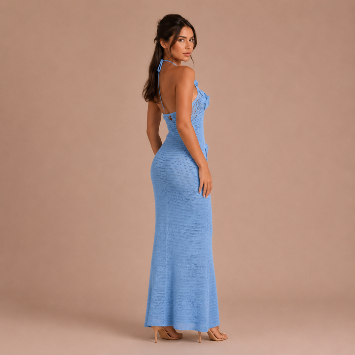 Mariposa - Vestido Maxi crochet con apliques de mariposas y escote halter