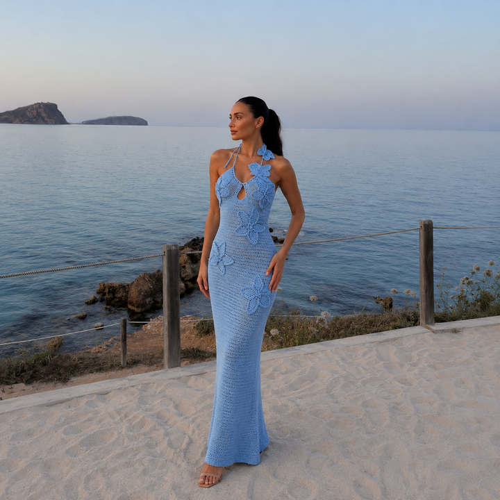 Mariposa - Vestido Maxi crochet con apliques de mariposas y escote halter