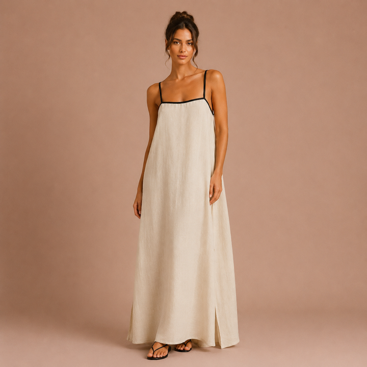 Lola - Linen Maxi Dress with Thin Straps and Contrast Trim