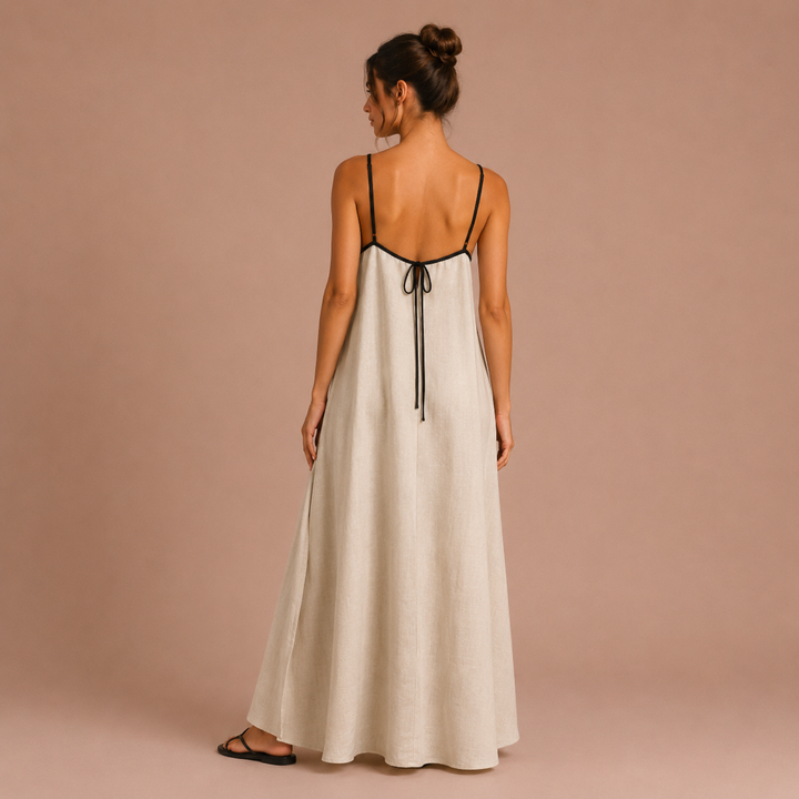 Lola - Linen Maxi Dress with Thin Straps and Contrast Trim