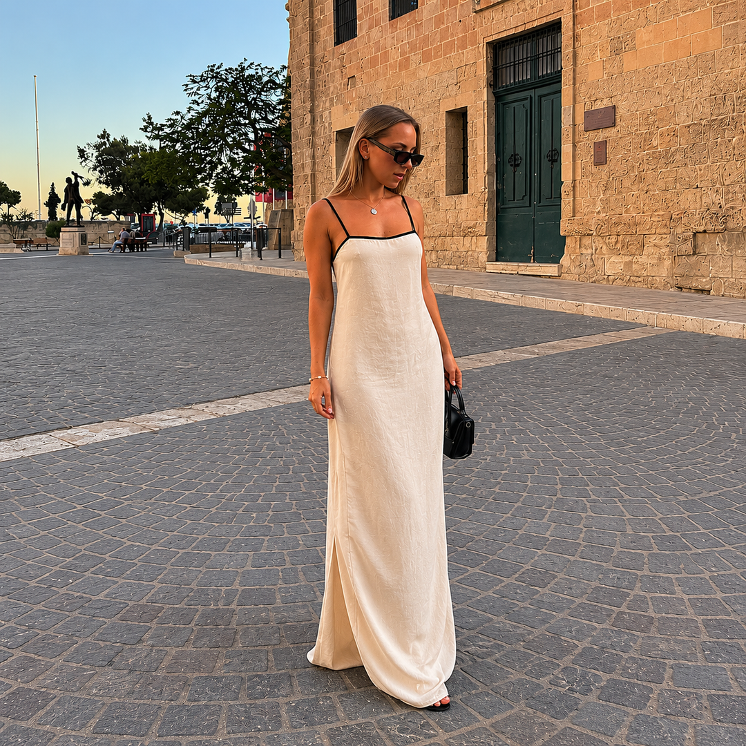 Lola - Linen Maxi Dress with Thin Straps and Contrast Trim