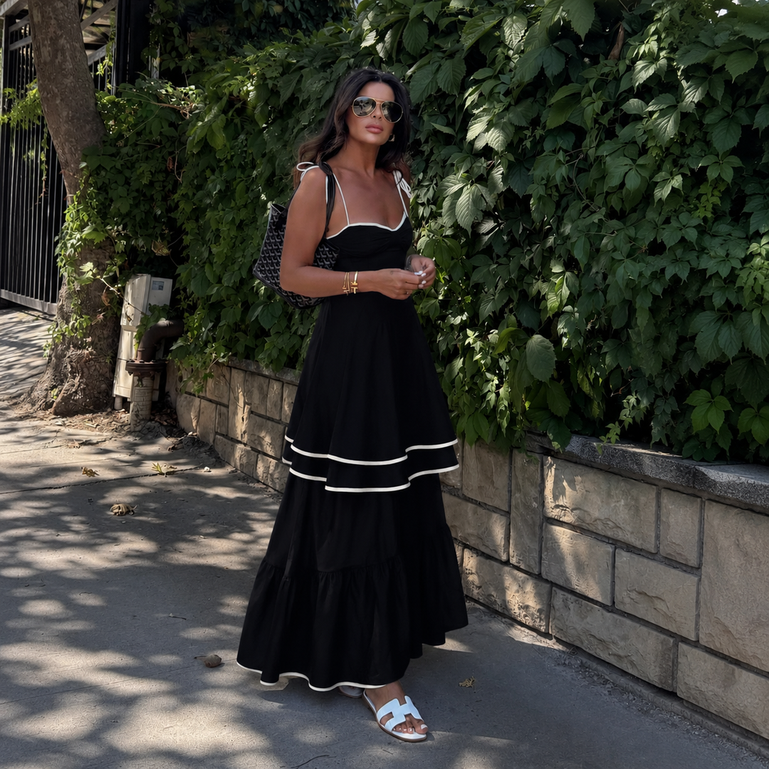 Lucía - Vestido Mini strapless con volantes y ribete contrastante
