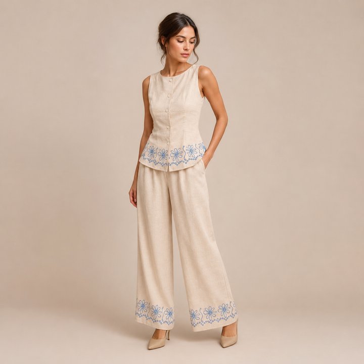 Esperanza - Conjunto de lino con bordado floral y pantalón palazzo