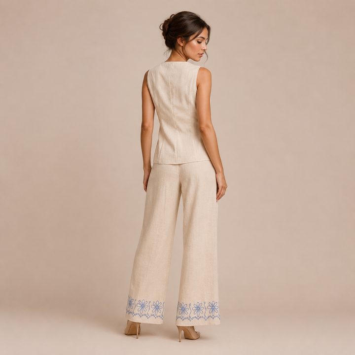 Esperanza - Conjunto de lino con bordado floral y pantalón palazzo