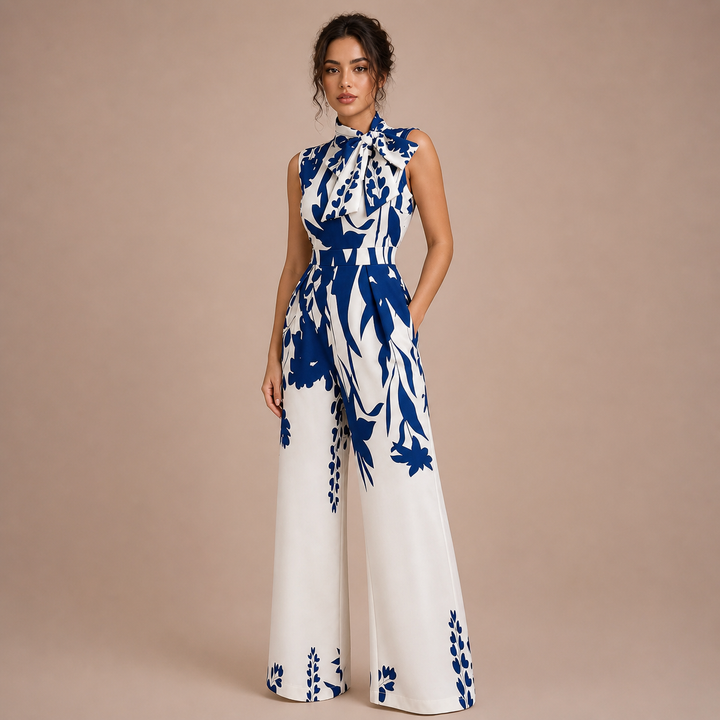 Bianca – jumpsuit med print, sløjfe ved halsen og brede ben
