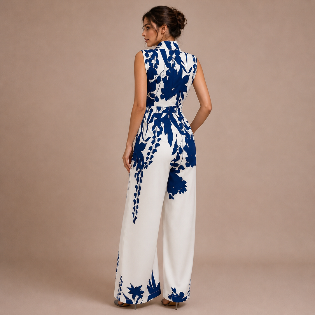 Bianca – jumpsuit med print, sløjfe ved halsen og brede ben
