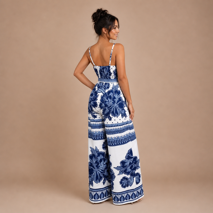 Salma – jumpsuit med blomsterprint og bindebånd i taljen