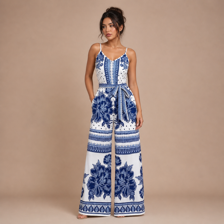 Salma – jumpsuit med blomsterprint og bindebånd i taljen