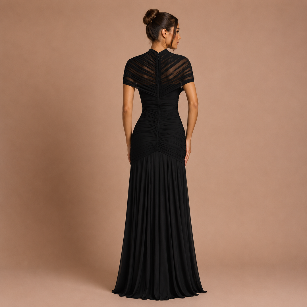 Raquel - Vestido maxi fruncido con cintura descubierta y silueta sirena