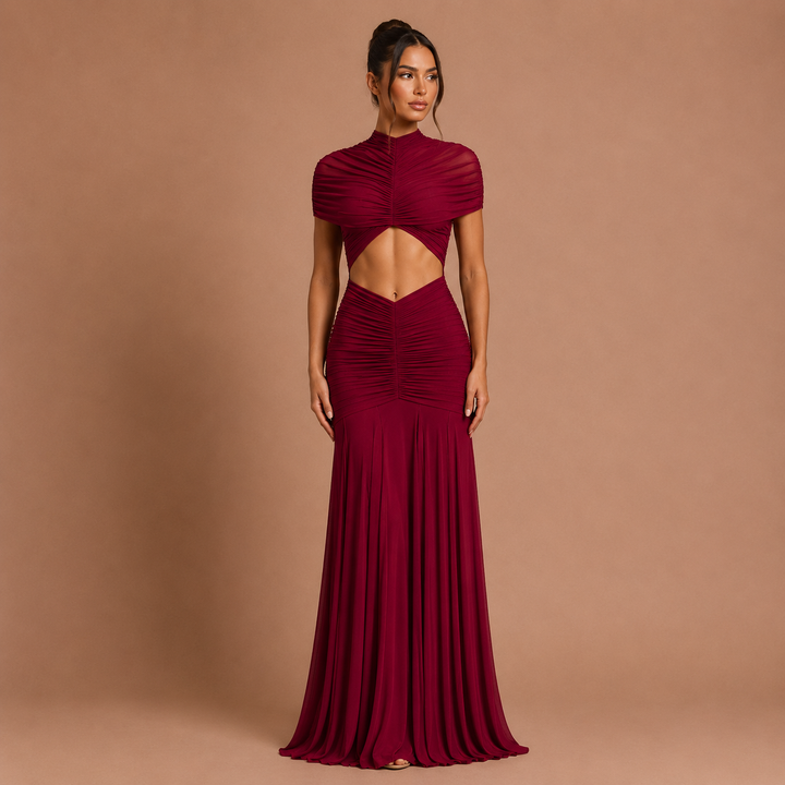 Raquel - Vestido maxi fruncido con cintura descubierta y silueta sirena