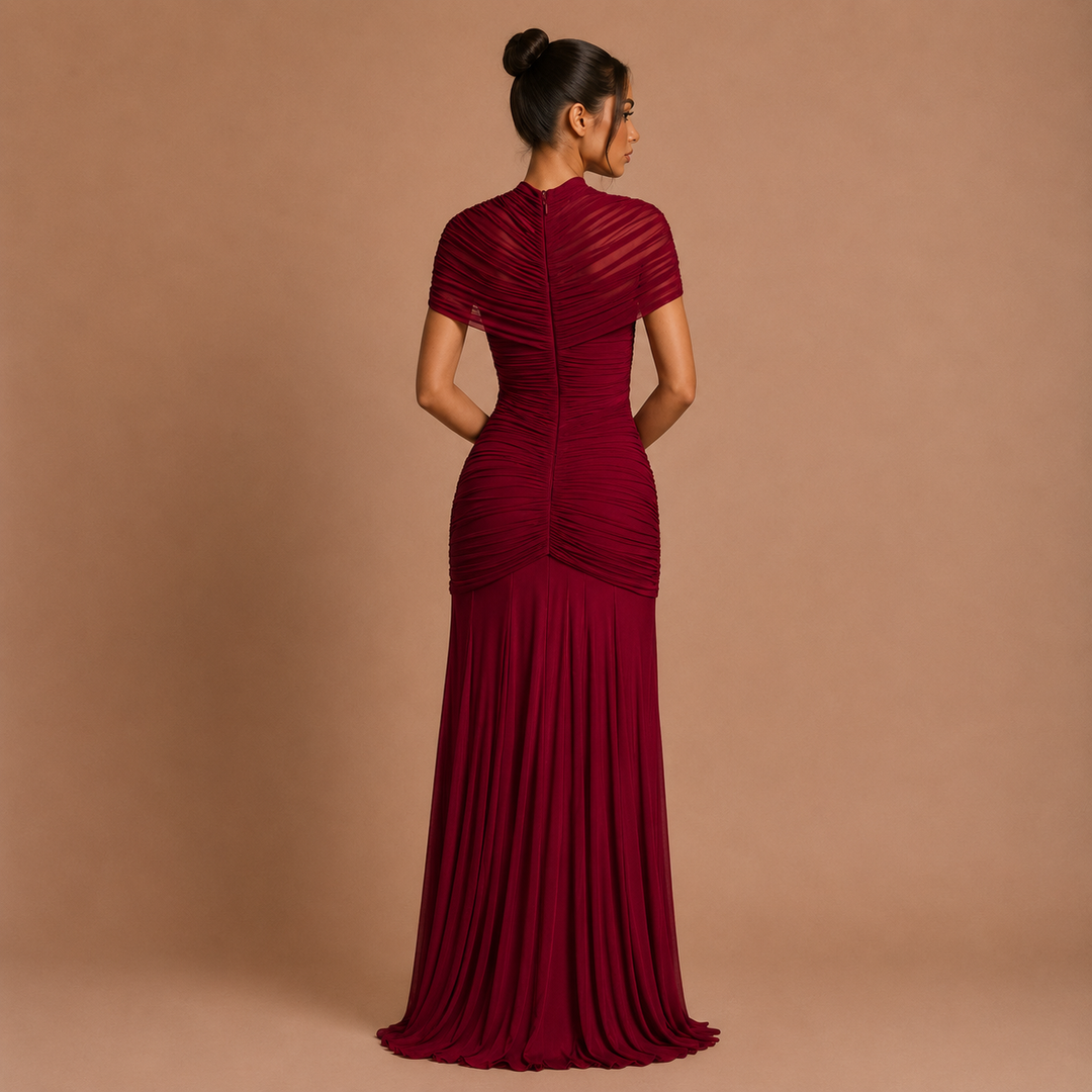 Raquel - Vestido maxi fruncido con cintura descubierta y silueta sirena