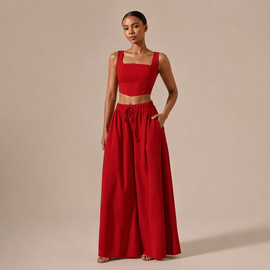 Rocía - Conjunto crop top escote recto y pantalón palazzo con cordón.