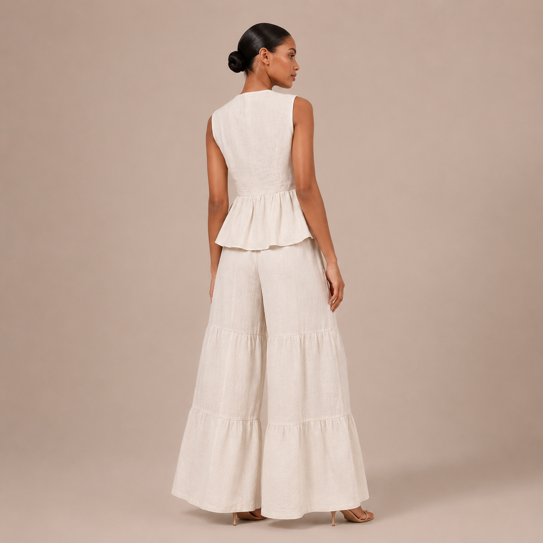 Lucía - Conjunto de lino, top con lazos y pantalón palazzo con volantes