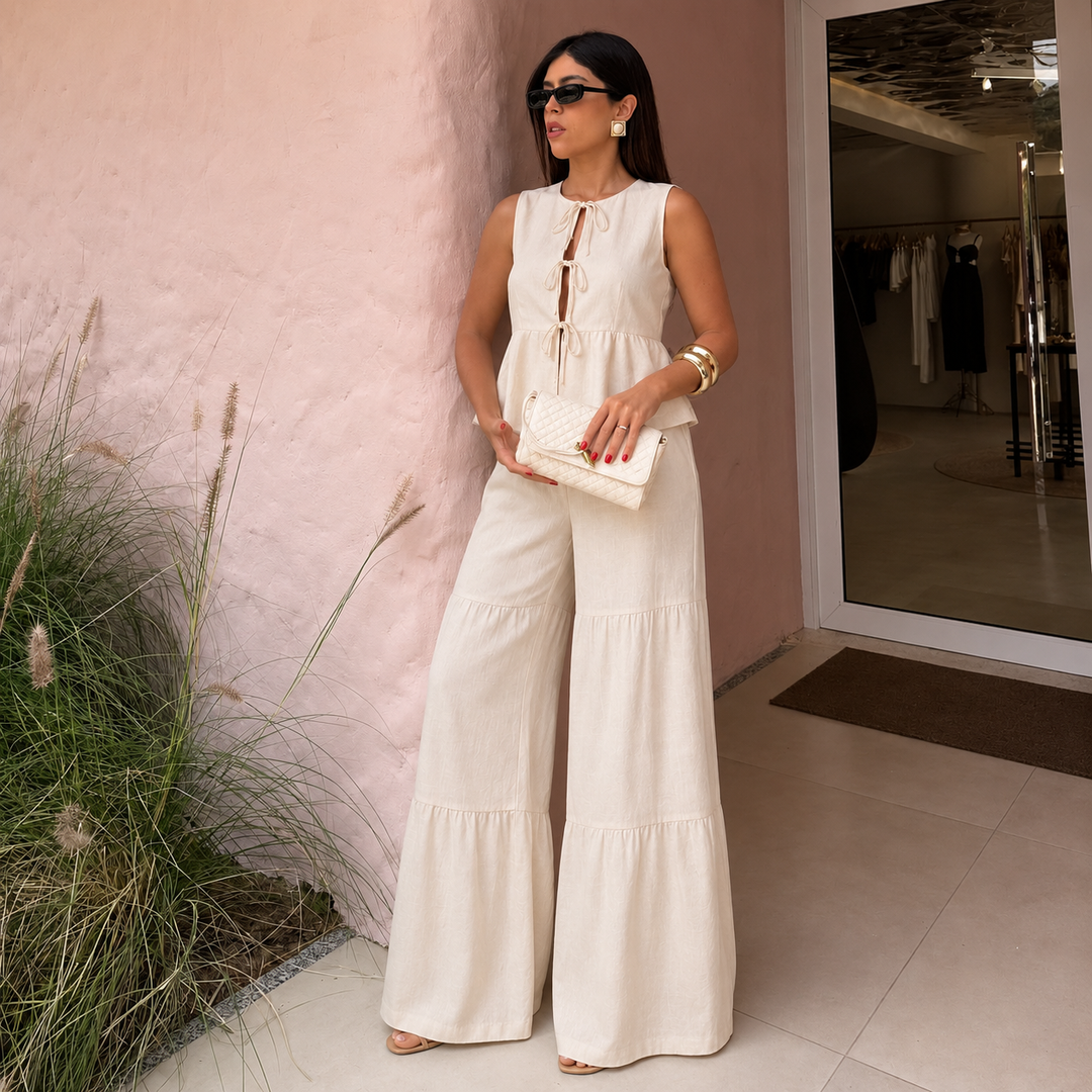 Lucía - Conjunto de lino, top con lazos y pantalón palazzo con volantes