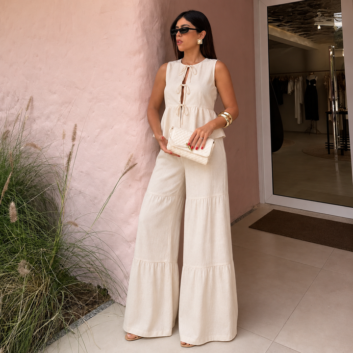 Lucía - Conjunto de lino, top con lazos y pantalón palazzo con volantes