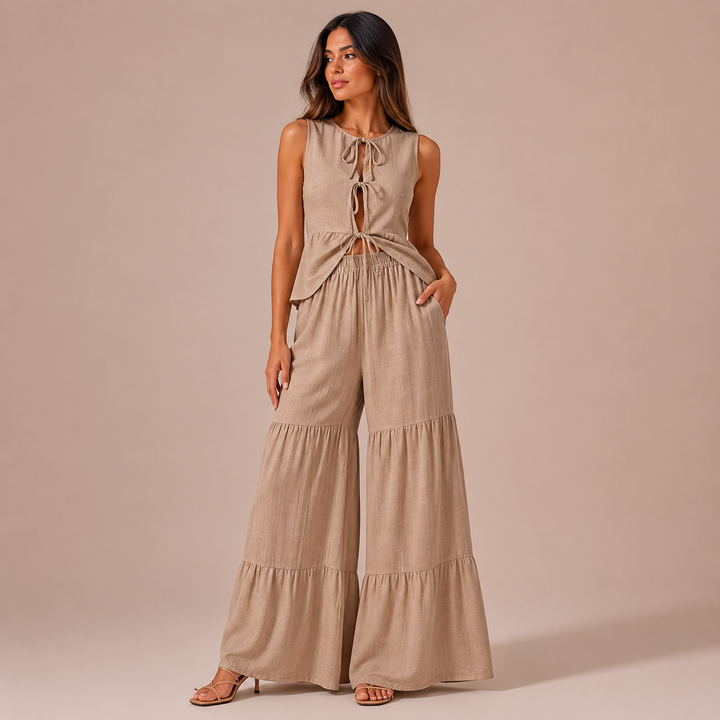 Lucía - Conjunto de lino, top con lazos y pantalón palazzo con volantes