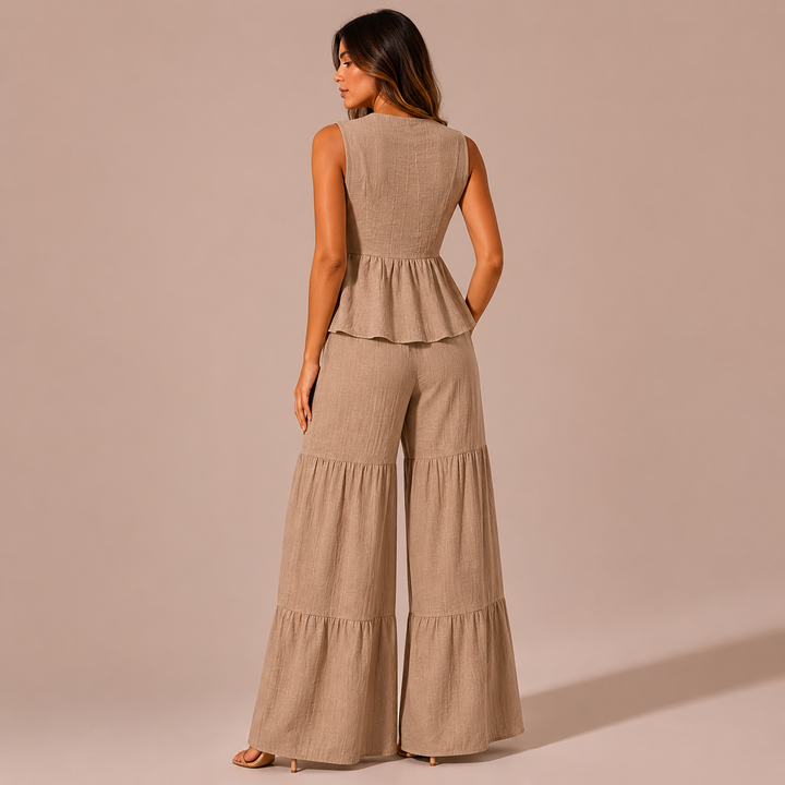 Lucía - Conjunto de lino, top con lazos y pantalón palazzo con volantes