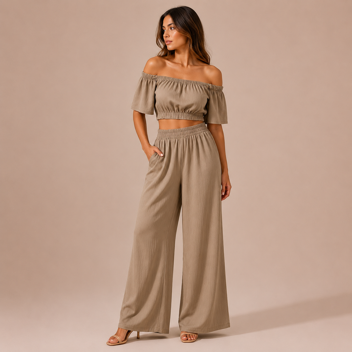Isa - Conjunto crop top hombros descubiertos y pantalón palazzo