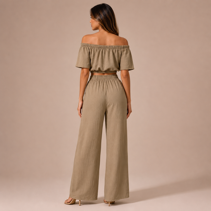 Isa - Conjunto crop top hombros descubiertos y pantalón palazzo