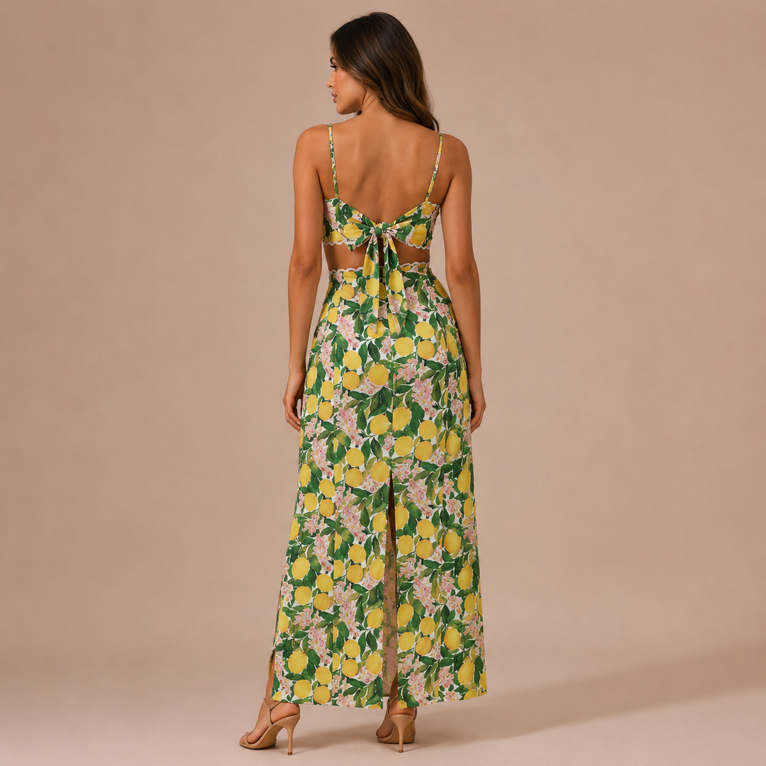 María - Conjunto estampado de limones con crop top con tirantes y falda maxi