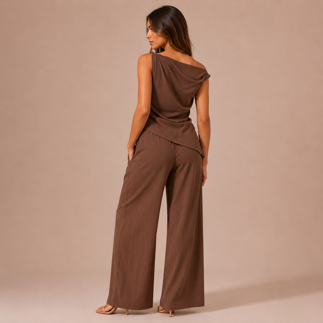 Andrea - Conjunto top drapeado asimétrico y pantalón recto fluido