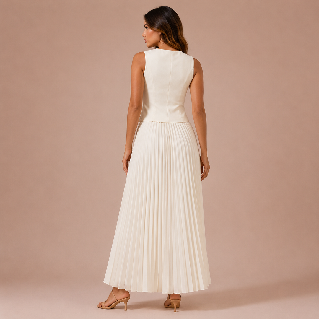 Sara - Conjunto chaleco con botones y falda midi plisada
