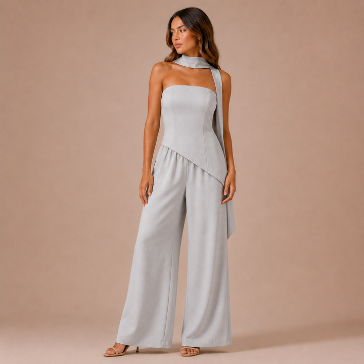 Victoria - Conjunto top strapless asimétrico con pañuelo al cuello y pantalón palazzo