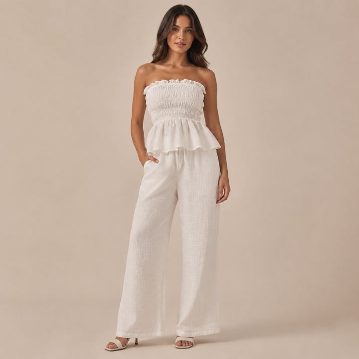Nuria - Conjunto top strapless fruncido con volante y pantalón palazzo de lino