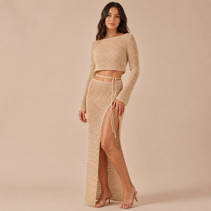 Mireia - Conjunto crochet con crop top manga larga y falda maxi