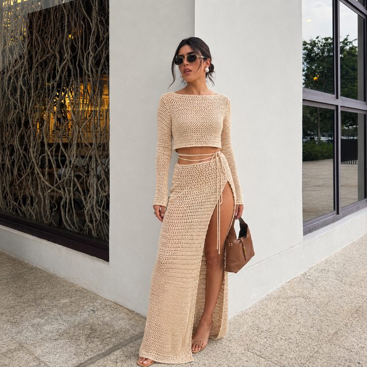 Mireia - Conjunto crochet con crop top manga larga y falda maxi