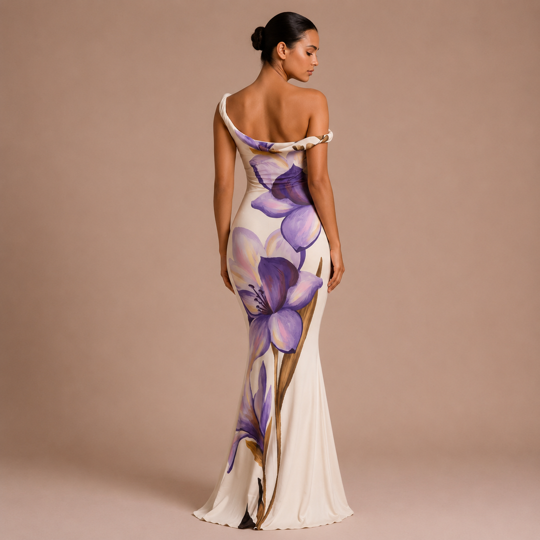 Violeta - Vestido maxi floral de un hombro y falda sirena