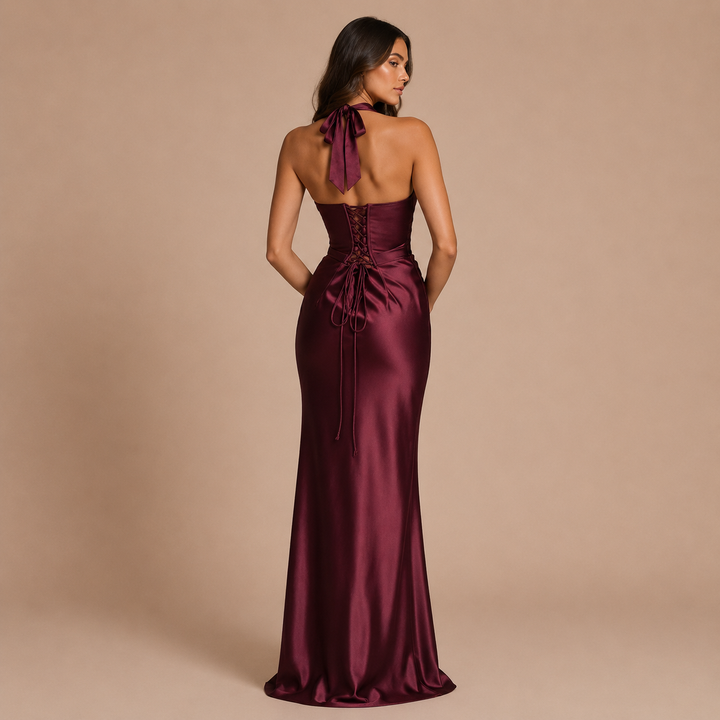 Daniela - Vestido maxi satinado con escote en V profundo y silueta sirena
